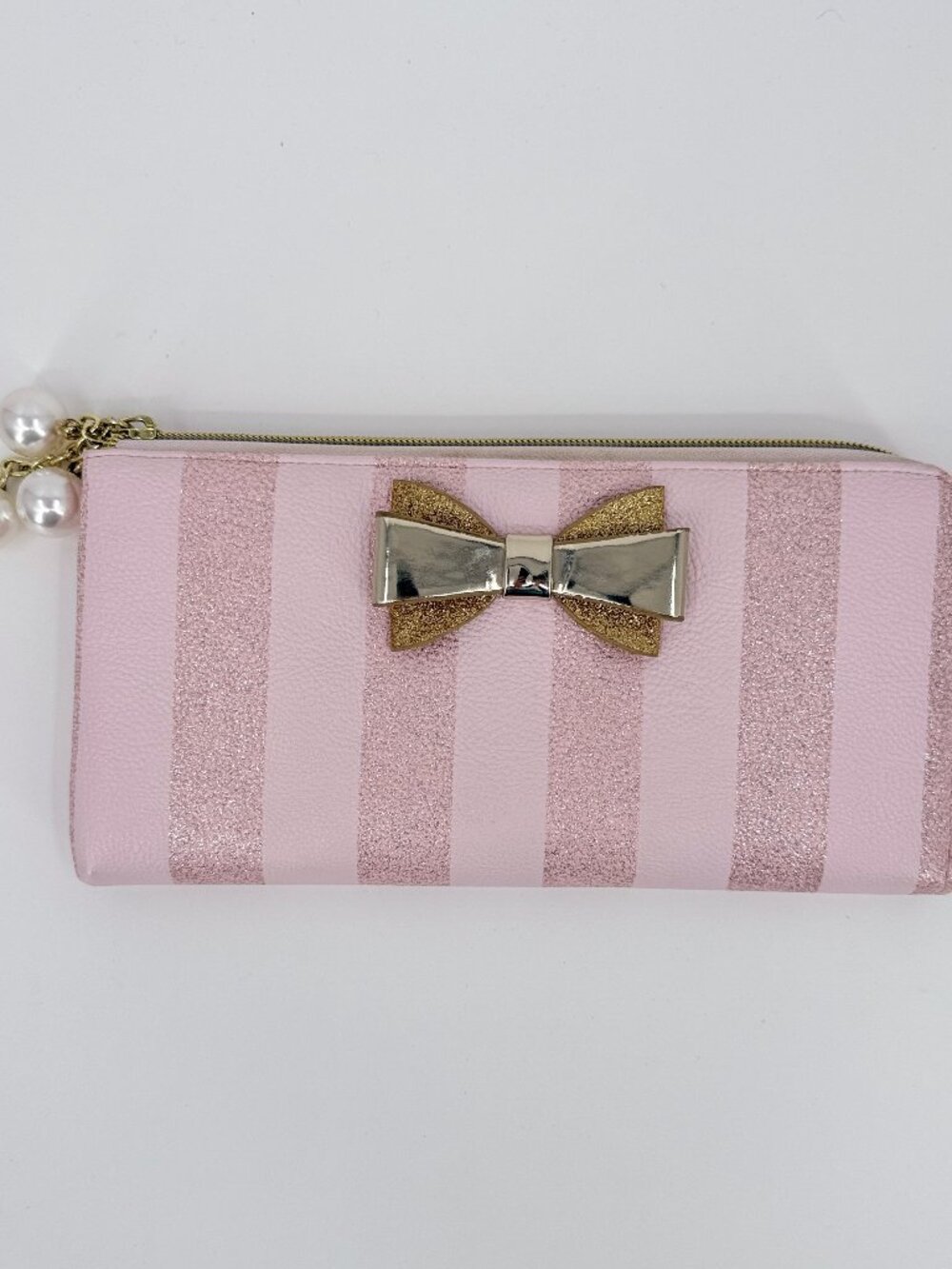 Betsey Johnson Pink Glitter Stripe Bow Zip Around Wallet Pearl Pulls
